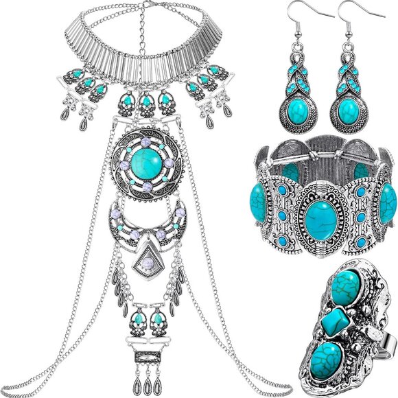 Boho Turquoise Jewelry Set for Women Includes Necklace Earrings Bracelet Ring - Picture 1 of 6